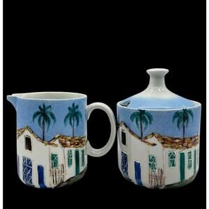 Vtg Ester Robacov Embu Brazil Porcelain Creamer & Sugar Bowl Set 1989 Signed